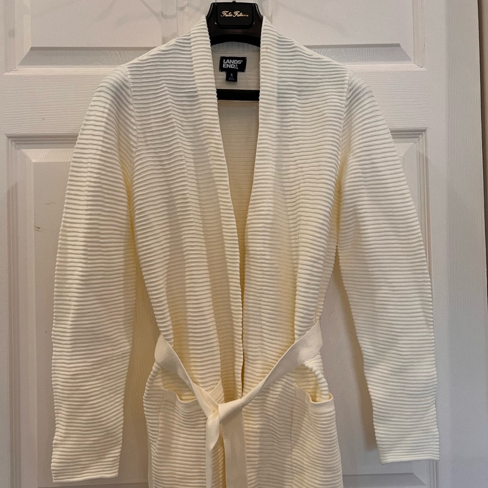 Lands' End Women's Cream Ribbed Open-Front Belted Cardigan Ivory M(6-8) NWOT